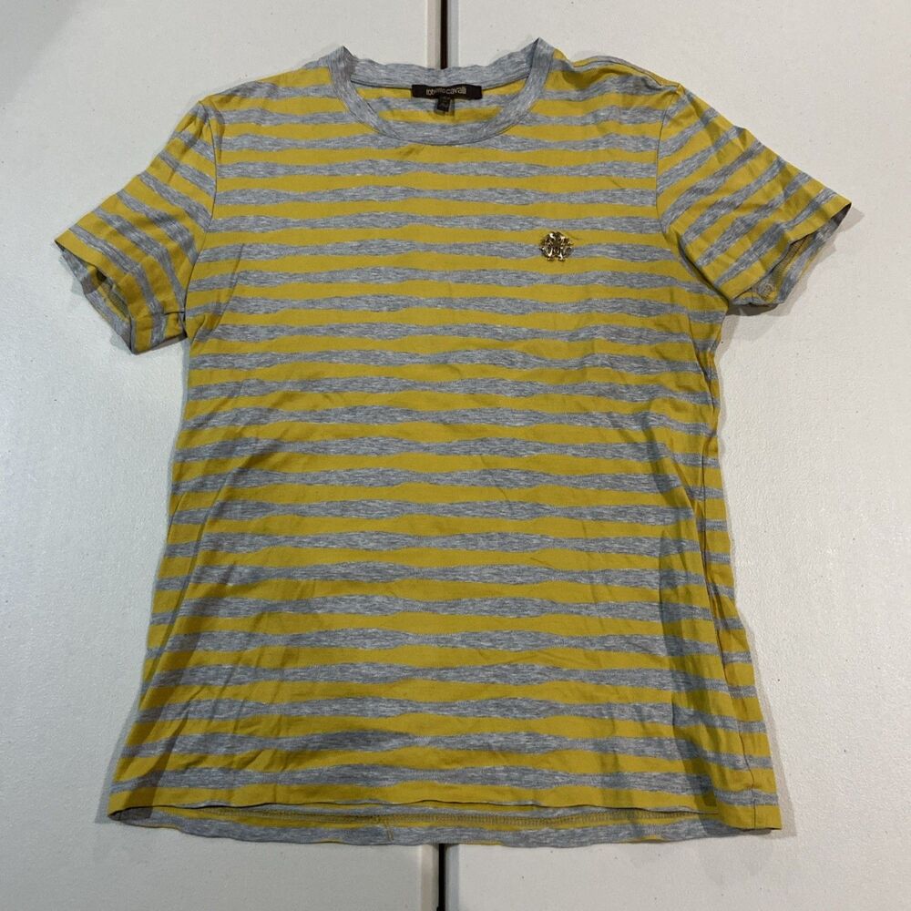 Roberto Cavalli Men's Graphic Tee Striped Metal Logo Gray Yellow Small